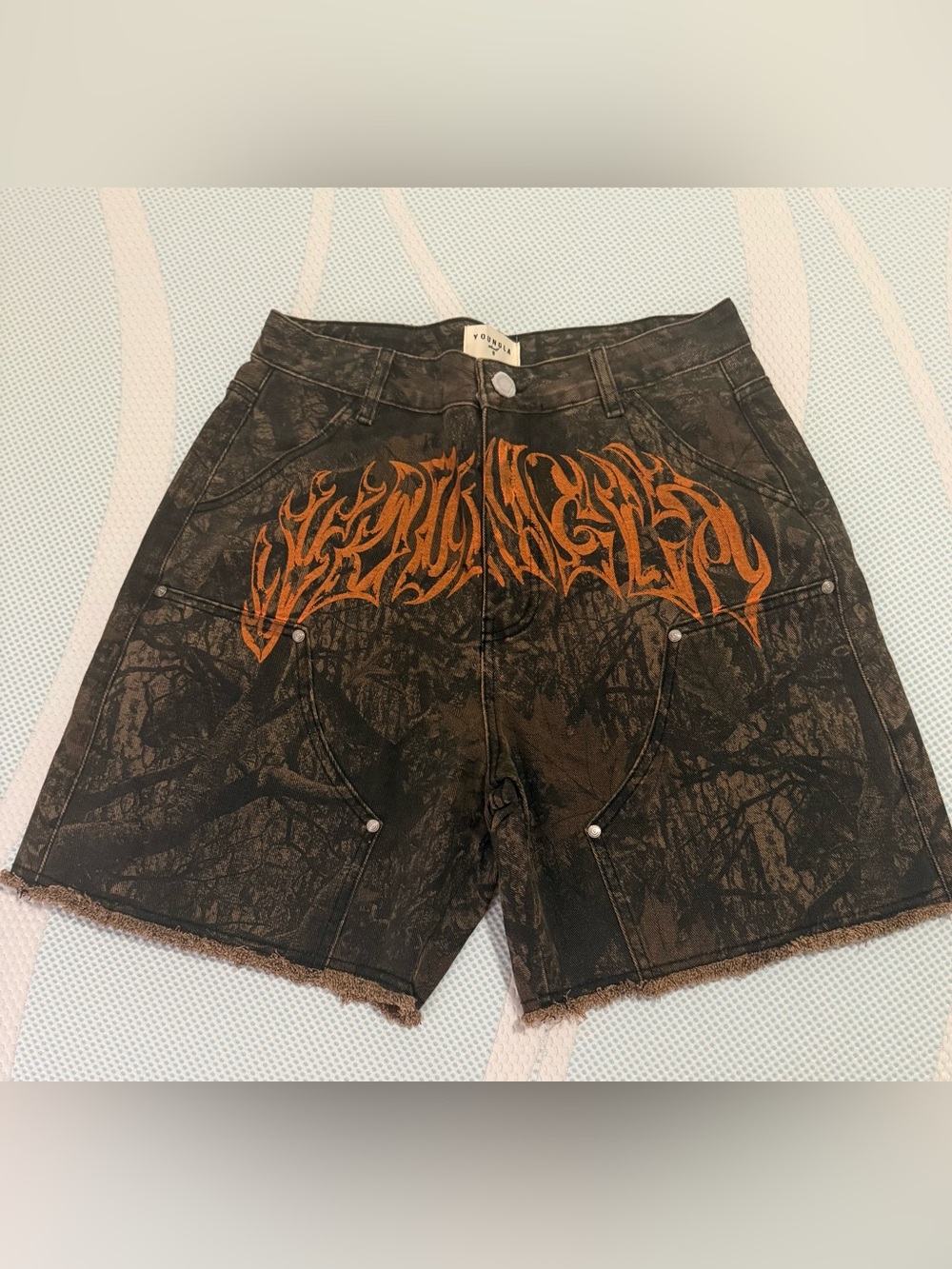 YoungLA Gangsta Jorts Denim Shorts Men Double Knee Dark Tree Camo Graffiti